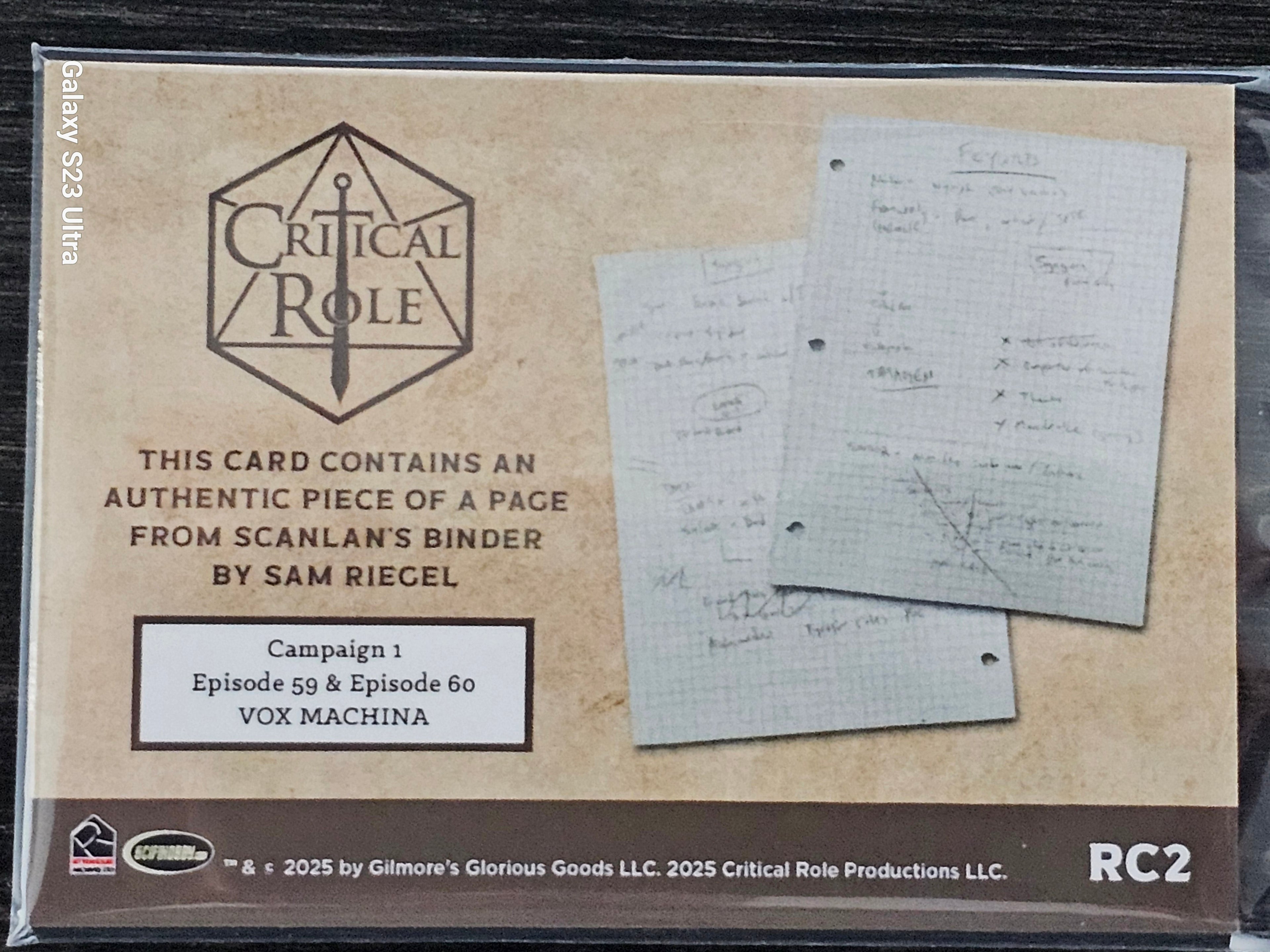 Critical Role 10th Anniversary  ( RC 2 ) Page From Scanlan's Binder by Sam Riegel Relic Card a