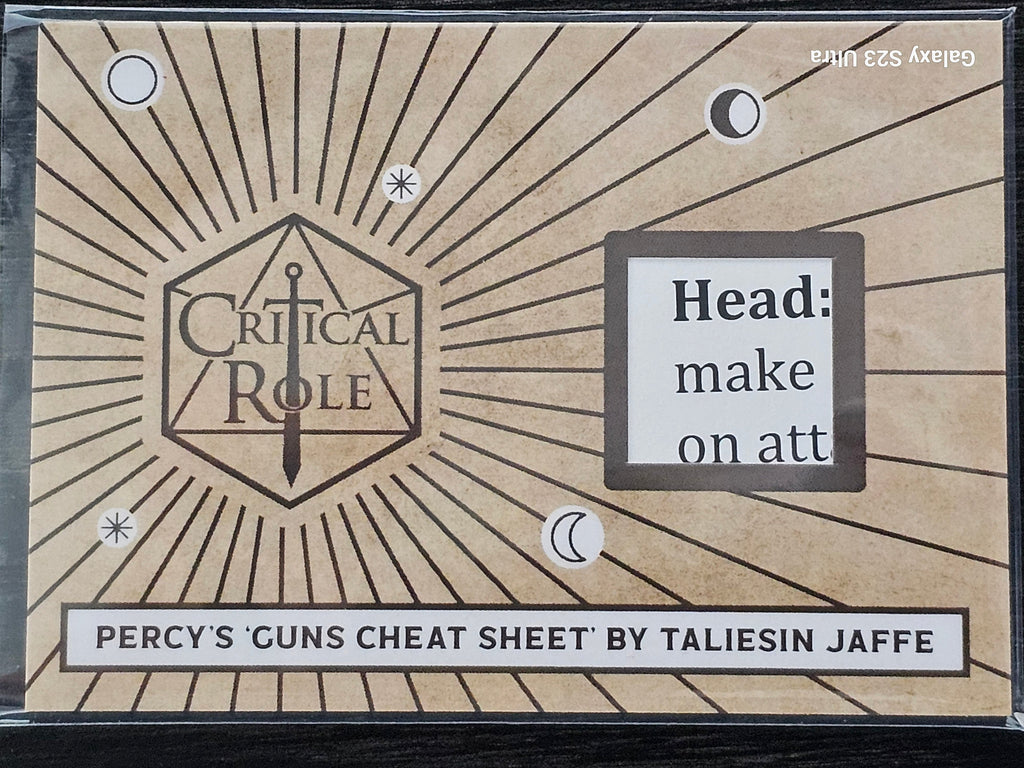 Critical Role 10th Anniversary  ( RC 4 ) Percy's Guns Cheat Sheet by Taliesin Jaffe Relic Card