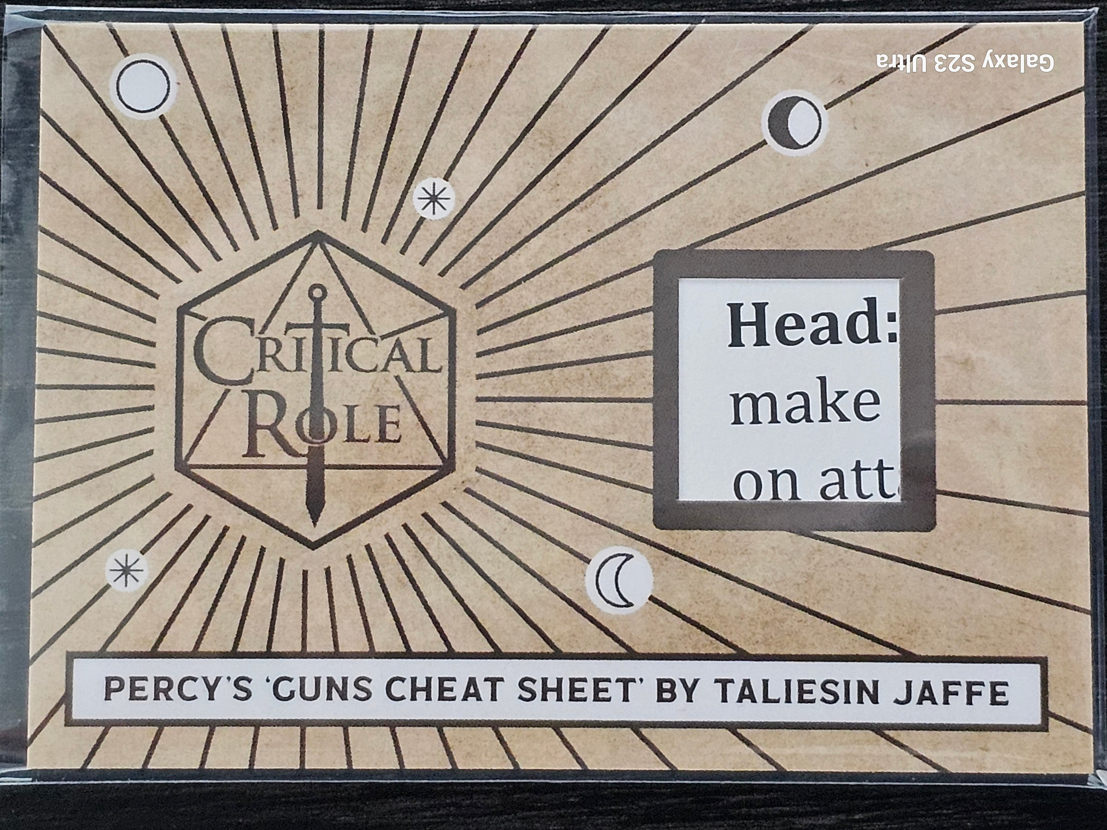 Critical Role 10th Anniversary  ( RC 4 ) Percy's Guns Cheat Sheet by Taliesin Jaffe Relic Card