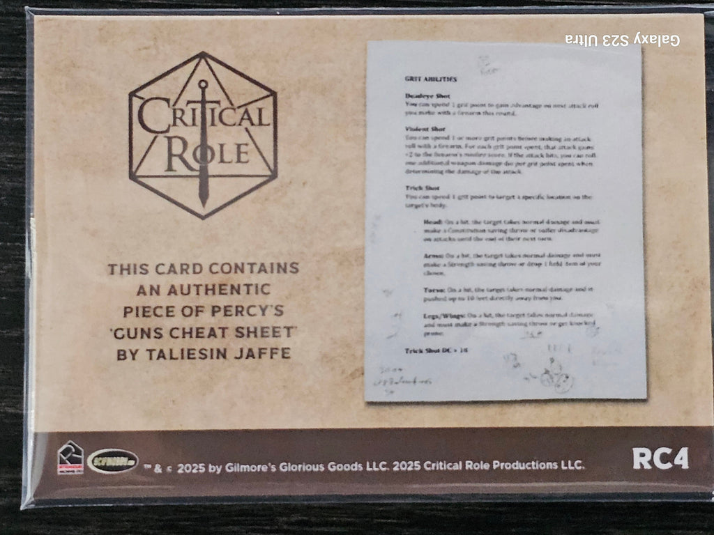 Critical Role 10th Anniversary  ( RC 4 ) Percy's Guns Cheat Sheet by Taliesin Jaffe Relic Card