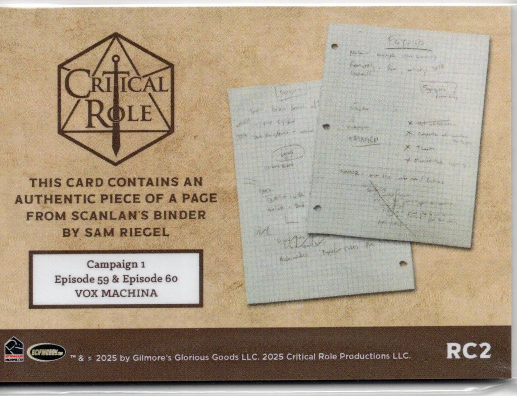 Critical Role 10th Anniversary  ( RC 2 ) Page From Scanlan's Binder by Sam Riegel Relic Card a