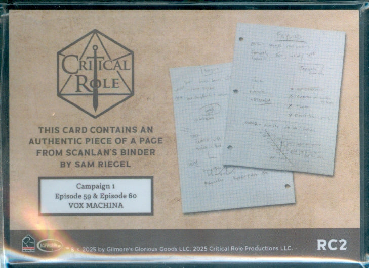 Critical Role 10th Anniversary  ( RC 2 ) Page From Scanlan's Binder by Sam Riegel Relic Card b